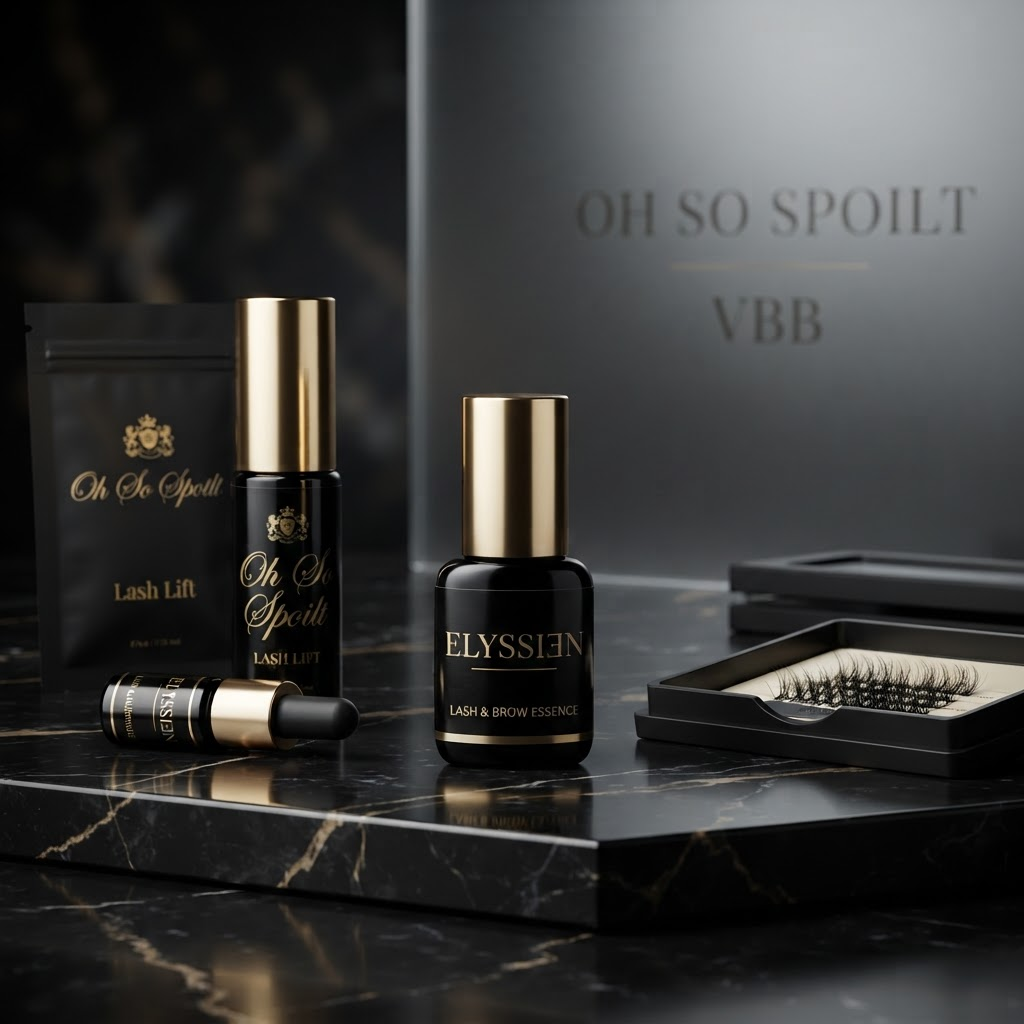 Black Elyssien lash and brow essence bottle with a gold cap, beside the black and gold Oh So Spoilt lash lift bottle and sachet, an adhesive dropper and a tray of cluster lashes on black marble, with Oh So Spoilt and VBB subtly etched on the studio wall behind